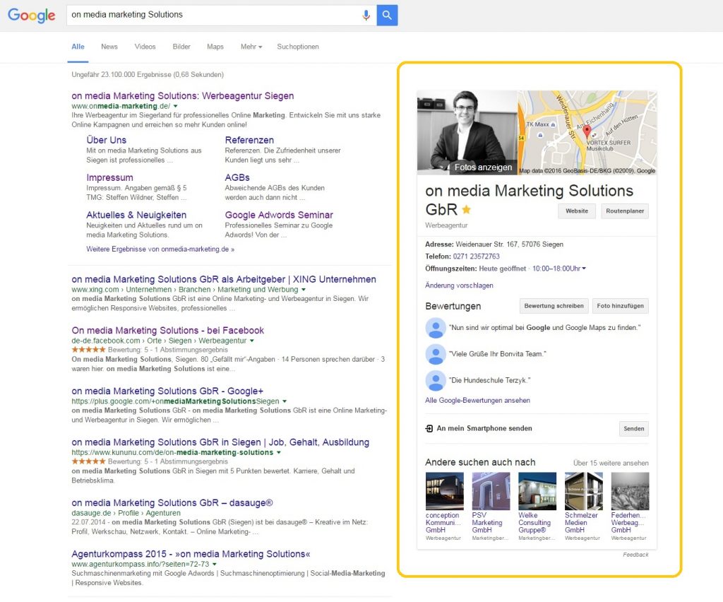 Google Suche Unternehmensname, Anzeige in MyBusiness
