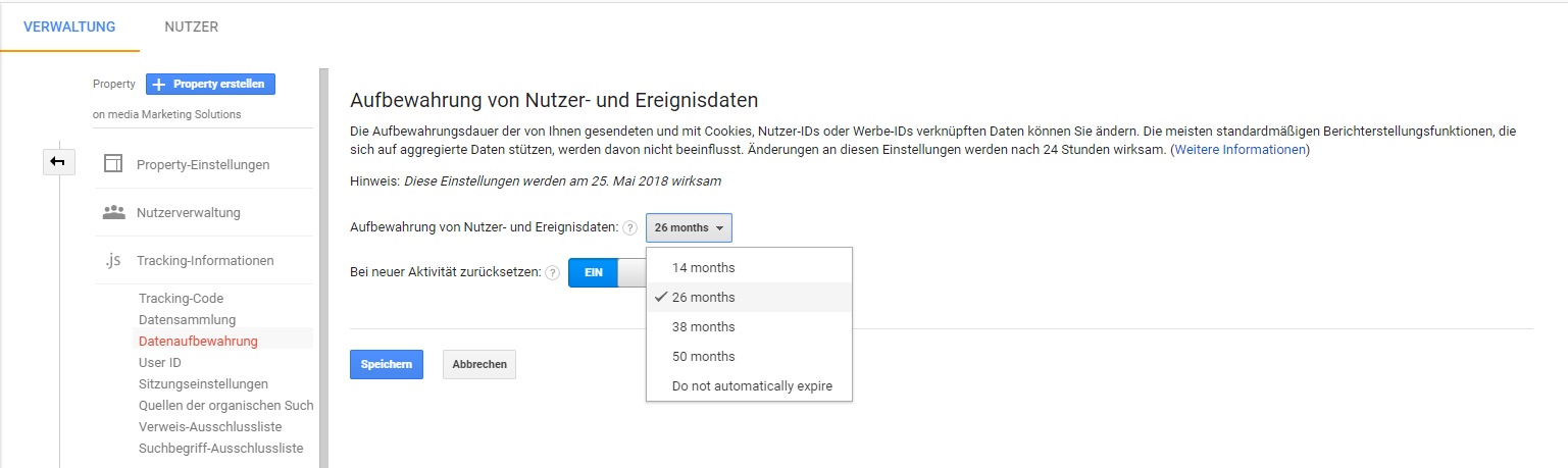 Screenshot aus Google Analytics zur Datenaufbewahrung